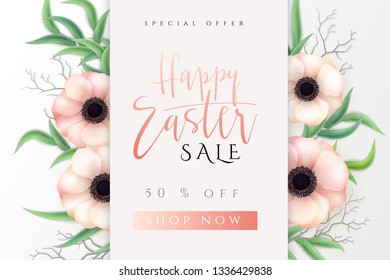 Vector illustration of easter day greetings banner template with hand lettering label - happy easter- with realistic anemone flowers and eucalyptus leaves.