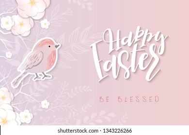 Vector illustration of easter day greetings banner template with hand lettering label - happy easter- with origami paper spring apple flowers and bird.