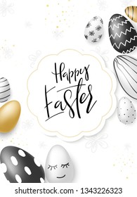 Vector illustration of easter day greetings banner template with hand lettering label - happy easter- with realistic white, black and gold eggs.