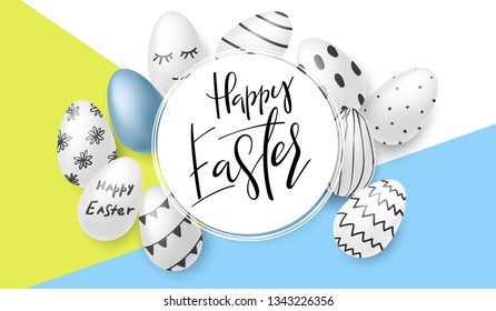 Vector illustration of easter day greetings banner template with hand lettering label - happy easter- with realistic white, green and blue eggs.