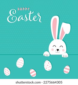 Vector illustration. Easter Day. Happy Easter greeting card, banner with egg, rabbit. Easter Bunny, texture background.