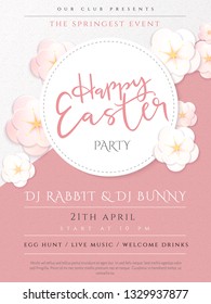 Vector illustration of easter day invitation party poster template with hand lettering label - happy easter- with paper origami spring apple flowers.