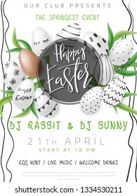 Vector illustration of easter day invitation party poster template with hand lettering label - happy easter- with realistic eggs and eucalyptus leaves.