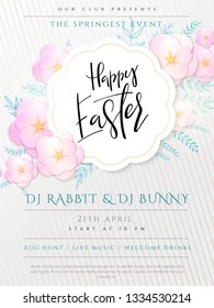 Vector illustration of easter day invitation party poster template with hand lettering label - happy easter- with paper origami spring apple flowers.