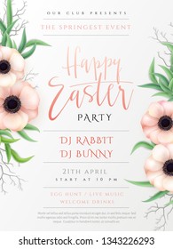 Vector illustration of easter day invitation party poster template with hand lettering label - happy easter- with realistic anemone flowers and eucalyptus leaves.
