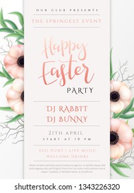 Vector illustration of easter day invitation party poster template with hand lettering label - happy easter- with realistic anemone flowers and eucalyptus leaves.