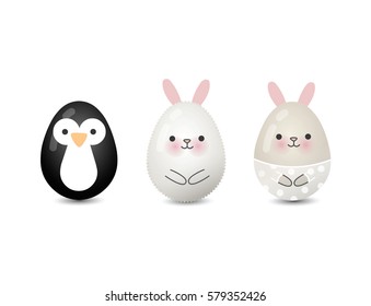Vector illustration of easter eegs animals painted, cute penguin and bunny 