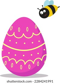 Vector illustration of an Easter egg and a bee.  Pink Easter egg with a beautiful pattern. Vector isolated drawing.Postcard.A flat illustration drawn by hand.