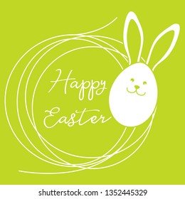 Vector illustration with Easter egg with Easter Bunny muzzle and ears, nest. Happy Easter. Festive background. Design for banner, poster or print.