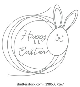 Vector illustration with Easter egg with Easter Bunny muzzle and ears, nest. Happy Easter. Festive background. Design for banner, poster or print.