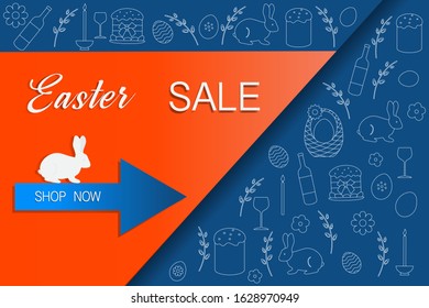 Vector illustration Easter egg, Bunny Easter Sale template Shop now Festive shopping background Big sale offer Price reduction advert Purchase Discount Advertising Design for banner, poster or print