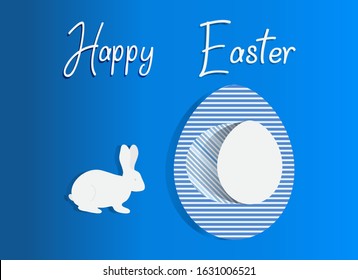 Vector illustration with Easter egg, Bunny, inscription Happy Easter. Festive background. Surprise Hunt for Easter eggs. Fun game for children. Sale template. Design for banner, poster or print.