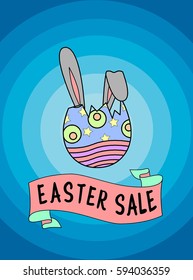 Vector illustration of easter egg, bunny ears and ribbon with text 