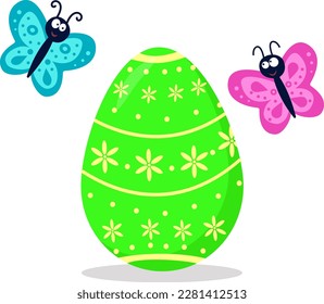 Vector illustration of an Easter egg and butterflies.  Funny butterflies and an Easter egg with a beautiful pattern. Vector isolated drawing.Postcard.A flat illustration drawn by hand.