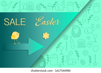 Vector illustration Easter egg, chick Easter Sale template Shop now Festive shopping background Big sale offer Price reduction advert Purchase Discount Advertising Design for banner, poster or print