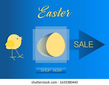 Vector illustration Easter egg, chick Easter Sale template Shop now Festive shopping background Big sale offer Price reduction advert Purchase Discount Advertising Design for banner, poster or print