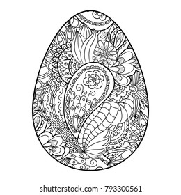 Vector illustration of an easter egg with doodle pattern, coloring, isolated on white background.