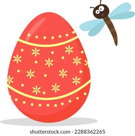 Vector illustration of an Easter egg with a dragonfly.  Funny dragonfly and Easter egg with a beautiful pattern. Vector isolated drawing. Postcard.A flat illustration drawn by hand.