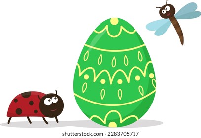 Vector illustration of an Easter egg with flour and ladybug.  Funny butterflies and an Easter egg with a beautiful pattern. Vector isolated drawing.Postcard.A flat illustration drawn by hand.