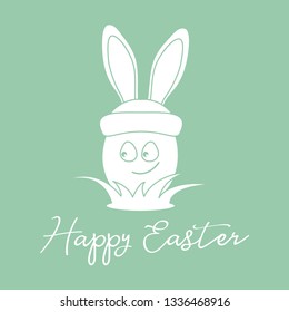 Vector illustration with Easter egg in hat with bunny ears in the grass. Happy Easter. Festive background. Design for banner, poster or print.