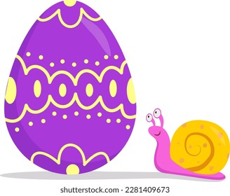 Vector illustration of an Easter egg and a snail.  Easter egg with a beautiful pattern. Vector isolated drawing.Postcard.A flat illustration drawn by hand.
