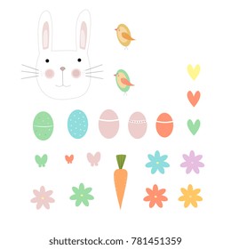 Vector illustration of Easter eggs and animals with different elements isolated on white.