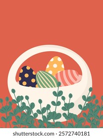 Vector illustration. Easter eggs in a basket. Easter, holiday, postcard, cover, banner. Modern design.