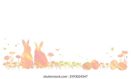 Vector illustration of Easter eggs and bunnies in a beautiful flower field. Background frame for the spring season.