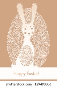 Vector illustration of Easter eggs and the Easter bunny. Easter card with pastel colors.