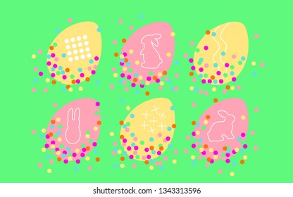 Vector illustration of Easter eggs collection with elements of memphis design, rabbit bunny, confetti on a green background. Suitable for greeting cards, banners, posters and gift wraps. Vector.