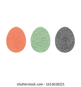 Vector illustration of Easter eggs. Easter eggs decorated with curves, dashes, circles, dots and squares. Red, green and dark gray with white ornaments.