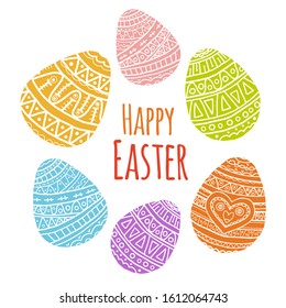 Vector illustration with easter eggs with doodle pattern. White doodle symbols of a happy holiday on a white background. Background for postcards, poster, invitation, sale. Lettering happy easter