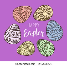 Vector illustration with easter eggs with doodle pattern. Black multicolored doodle symbols of a happy holiday on lilac background. Background for postcards, poster, invitation, sale. 
