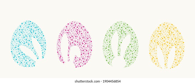 Vector illustration of Easter Eggs drawing by dots different sizes. Easter eggs shapes with bunny ears silhouette.