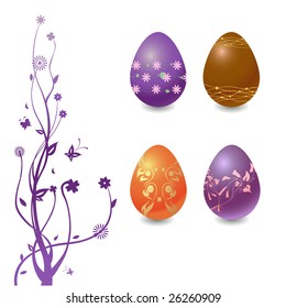 Vector Illustration of Easter Eggs with floral elements and the tree branch.