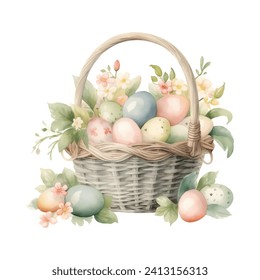 Vector illustration of easter eggs and flowers in a basket