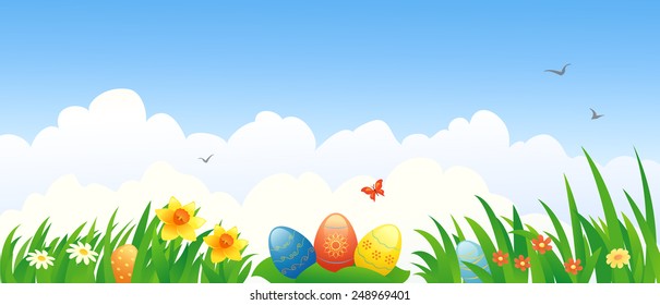 Vector illustration of Easter eggs and flowers