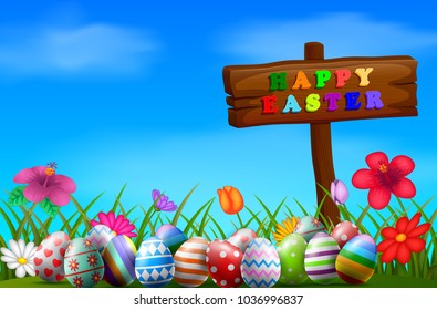 vector illustration of Easter eggs in garden illustration