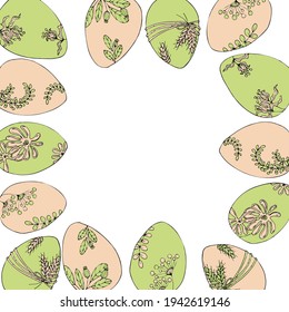 vector illustration Easter eggs of gentle green and pink color with a pattern border,postcard