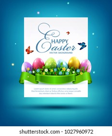 Vector illustration. Easter eggs with grass and flowers in green ribbon and card for text isolated on a blue background Design element, template wallpaper, flyers,invitation, brochure, greeting card.

