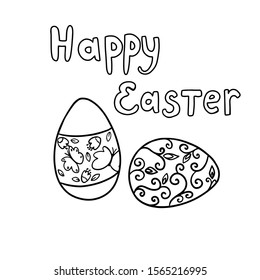 
Vector illustration, easter eggs with happy easter text, black and white drawing