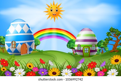 vector illustration of Illustration of easter eggs house with rainbow scene