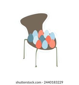 Vector illustration of Easter eggs lying on a chair. Vector flat illustration with eggs