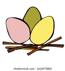 Vector illustration - easter eggs in the nest. Isolated. For the design of Easter invitations, cards, kraft paper, tags, gift wrapping paper.