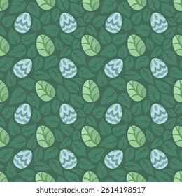 Vector illustration of  easter eggs nestled among green leaves