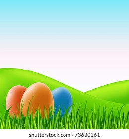 Vector illustration. Vector easter eggs on grass with green field at background