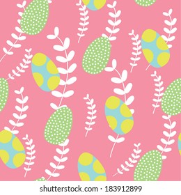 vector illustration of easter eggs pattern and branches with leaves on pink background