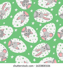 Vector illustration Easter eggs seamless pattern - cute animals: rabbit, fox, raccoon, mouse in green color, a great element of your design.