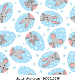 Vector illustration Easter eggs seamless pattern - cute animals: rabbit, fox, raccoon, mouse in blue color, a great element of your design.