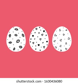 Vector illustration of Easter eggs. Set of Easter eggs decorated with eyes, hearts, jokes, tickles, smilies on a color of cyclamen background. Spring holiday. Vector Illustration. Happy Easter.